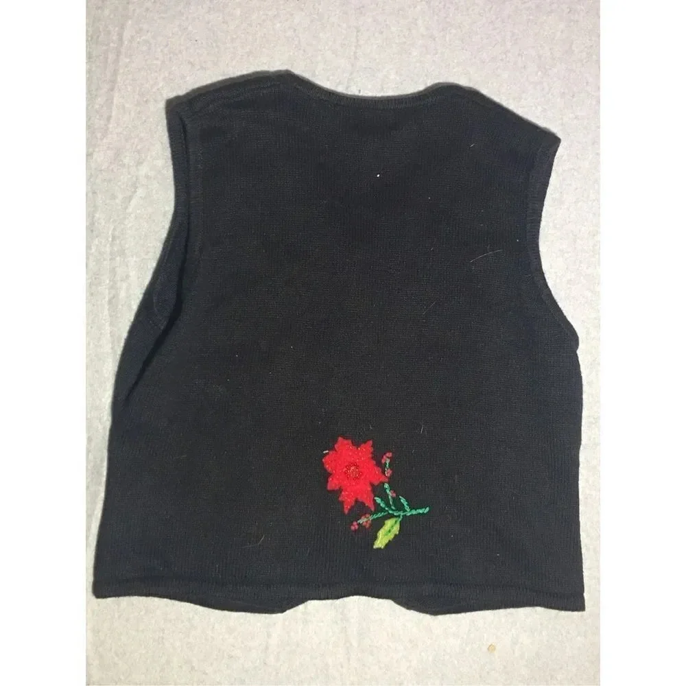 Womens Designers Originals Vest Size XL Christmas Flowers Black Red Holidays